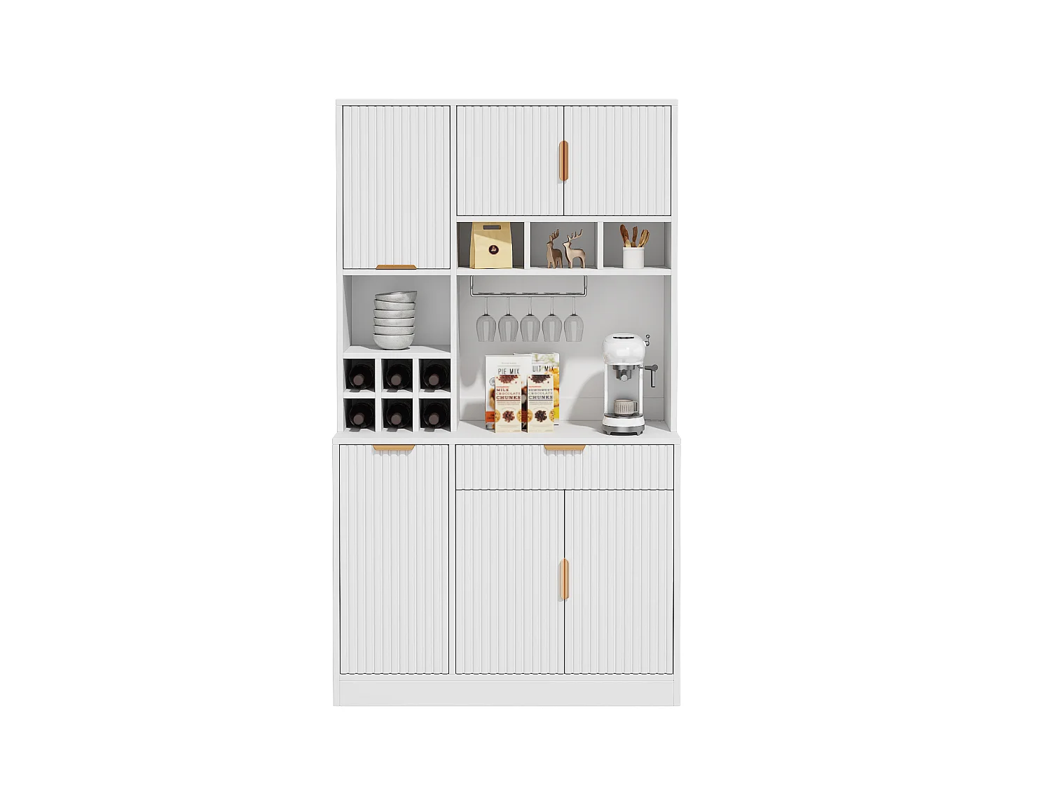 Buffet de cuisine avec porte-verres à vin, prises, ports USB, 6 portes et 1 tiroir - Panneaux de particules - 100x40x175 cm - Blanc