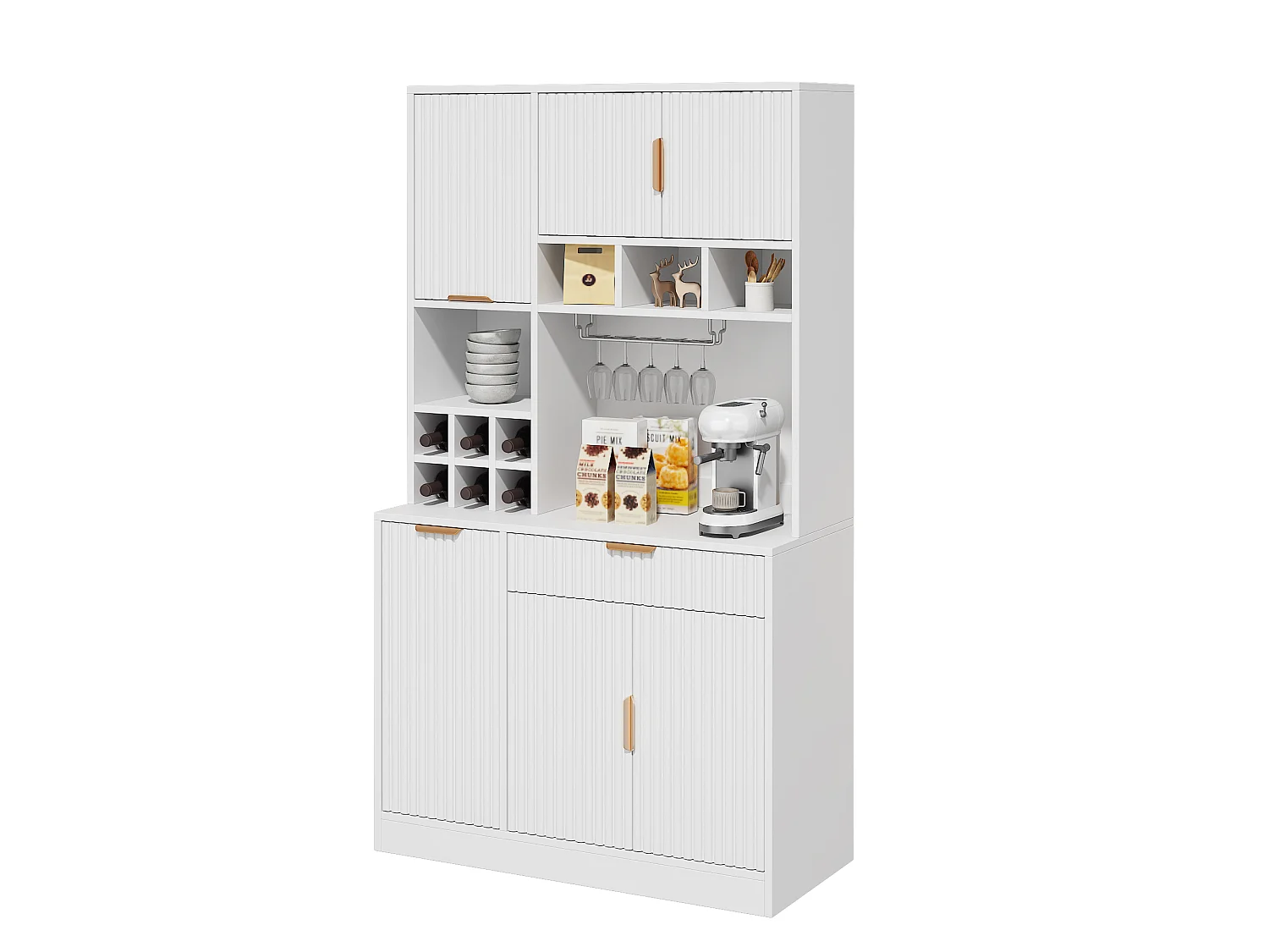 Buffet de cuisine avec porte-verres à vin, prises, ports USB, 6 portes et 1 tiroir - Panneaux de particules - 100x40x175 cm - Blanc