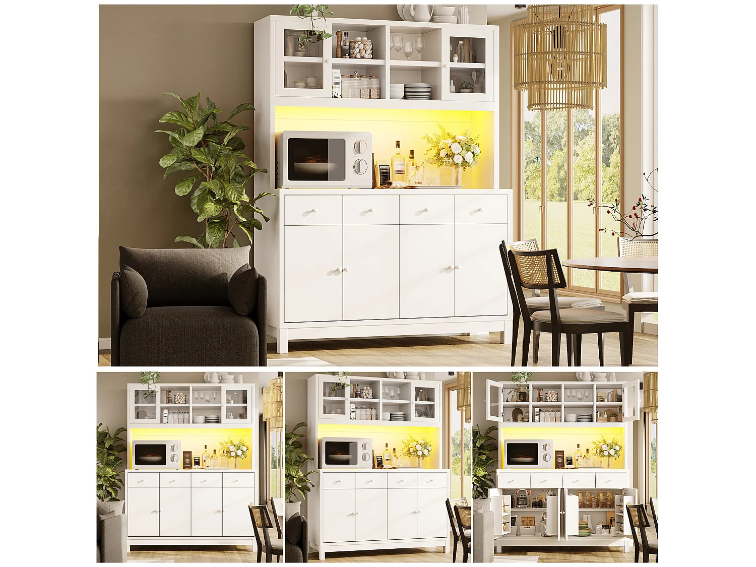 High kitchen sideboard with RGB LED lighting, 6 doors and 4 drawers - MDF, glass and metal - 140 × 38.5 × 180 cm - White