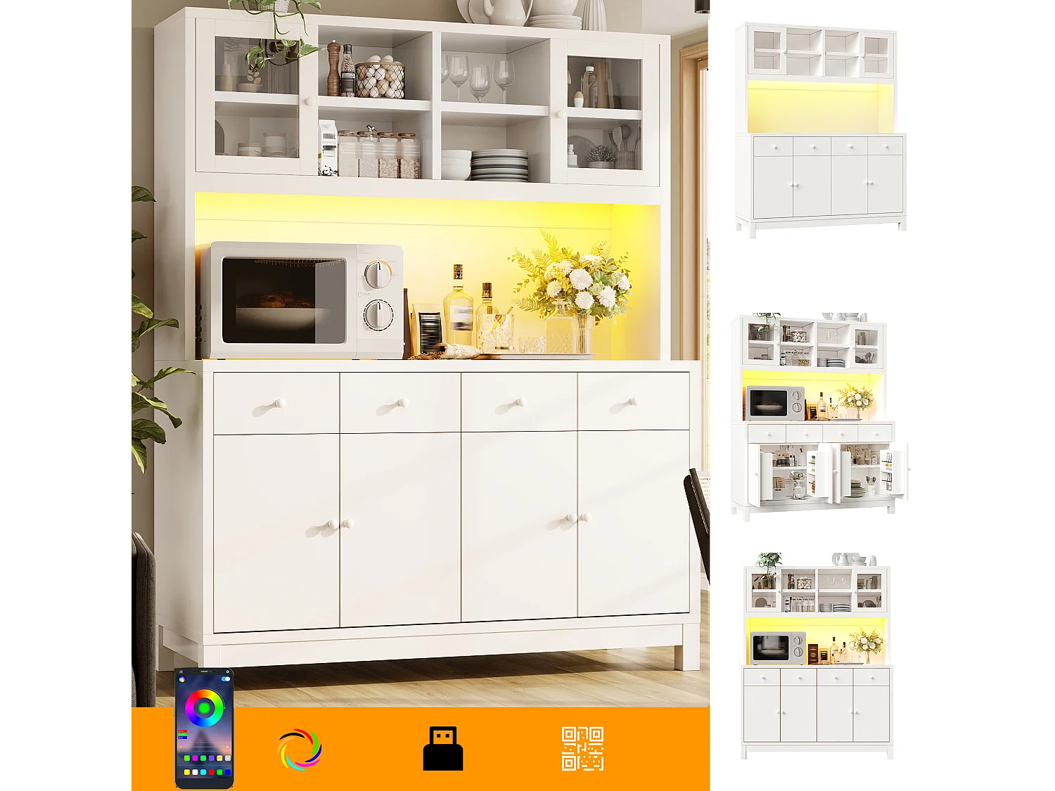 High kitchen sideboard with RGB LED lighting, 6 doors and 4 drawers - MDF, glass and metal - 140 × 38.5 × 180 cm - White
