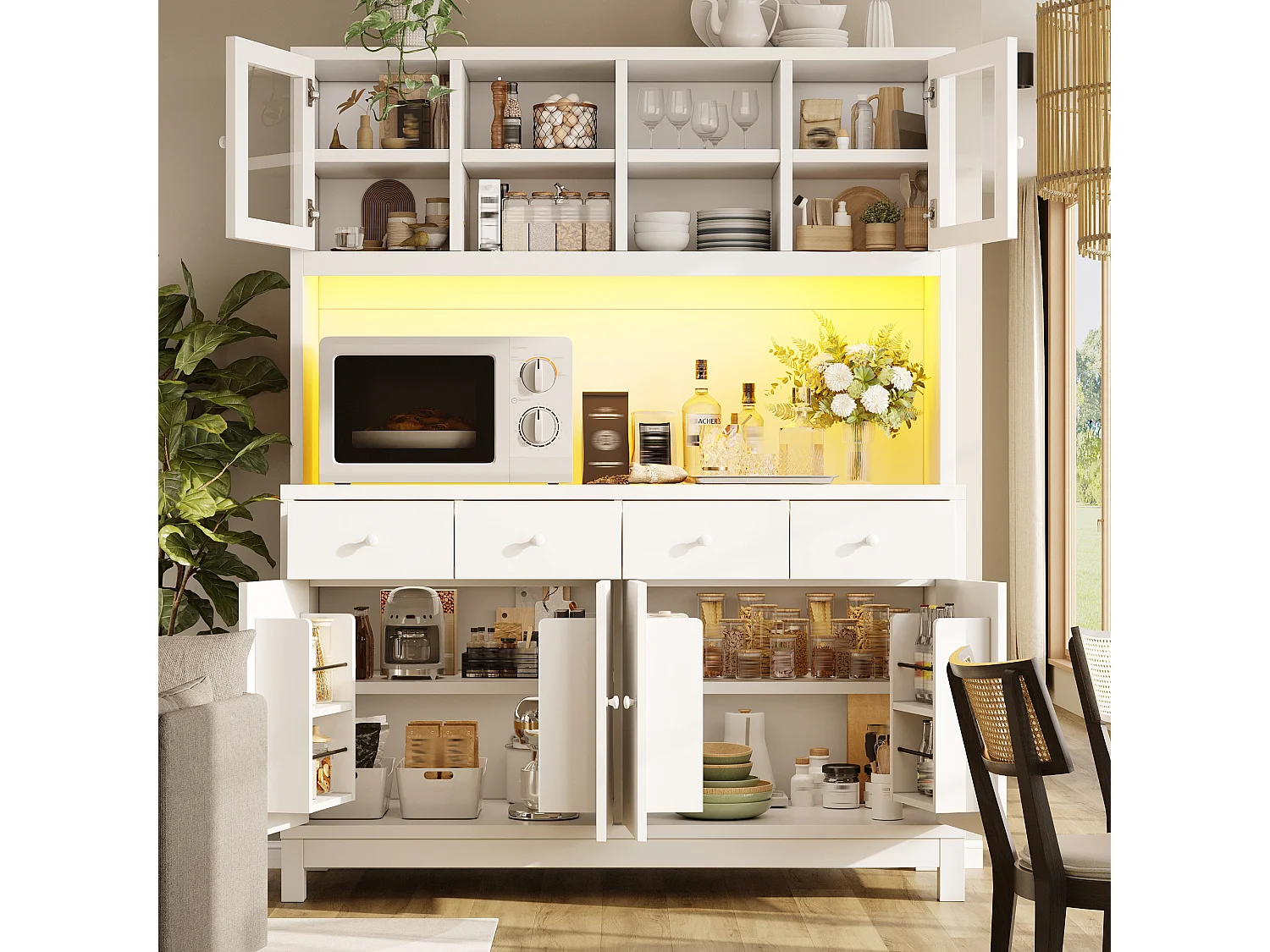 High kitchen sideboard with RGB LED lighting, 6 doors and 4 drawers - MDF, glass and metal - 140 × 38.5 × 180 cm - White