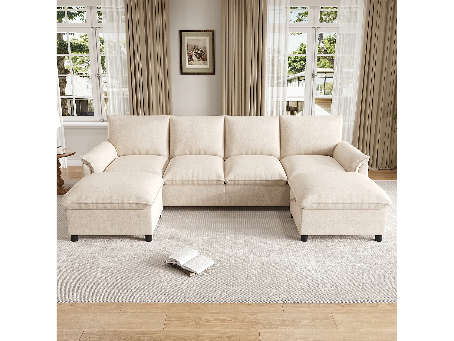 Canapé d'angle avec méridienne et pouf de rangement – Velours – 219 x 131 x 86 cm – Beige