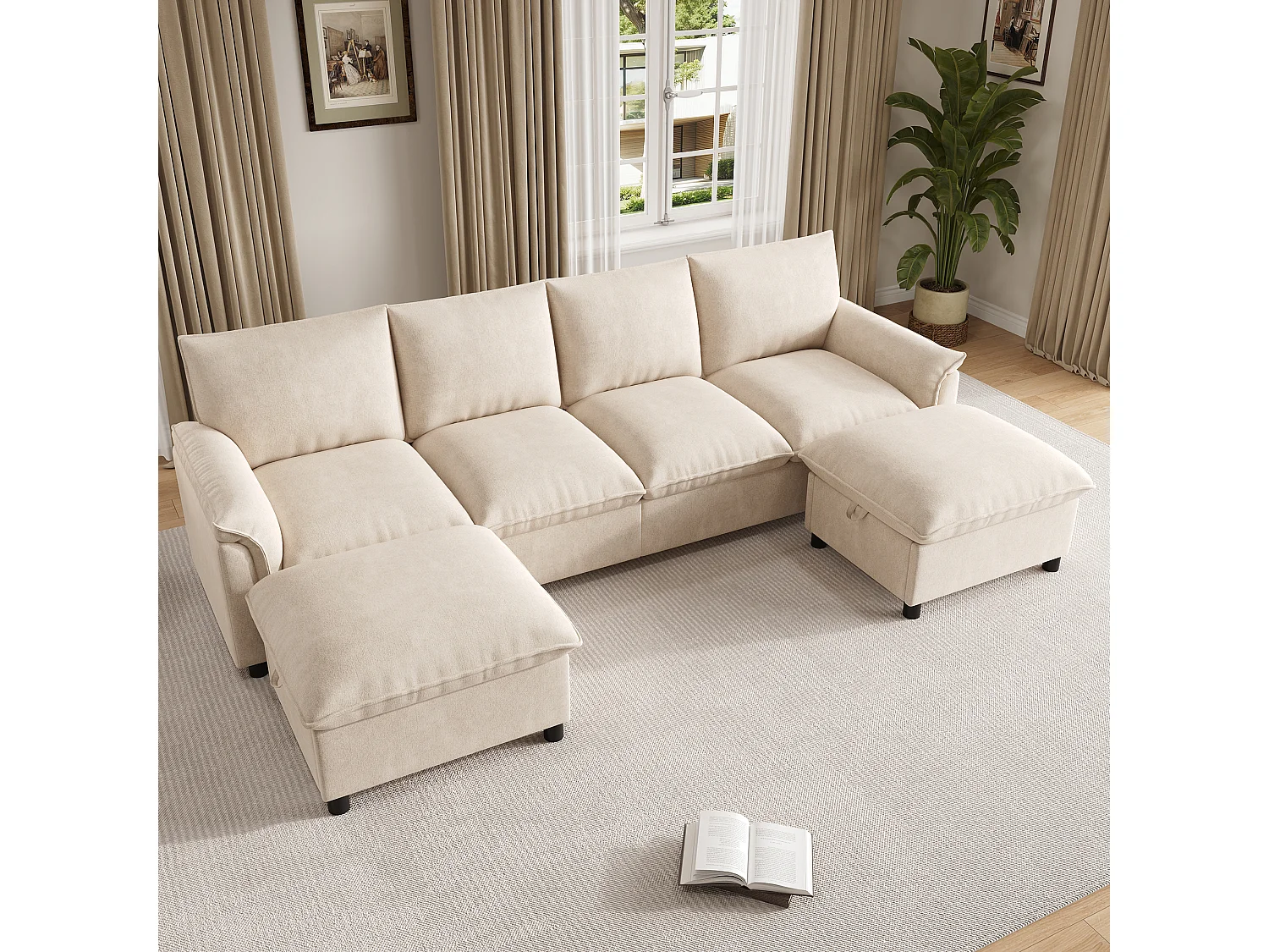 Canapé d'angle avec méridienne et pouf de rangement – Velours – 219 x 131 x 86 cm – Beige