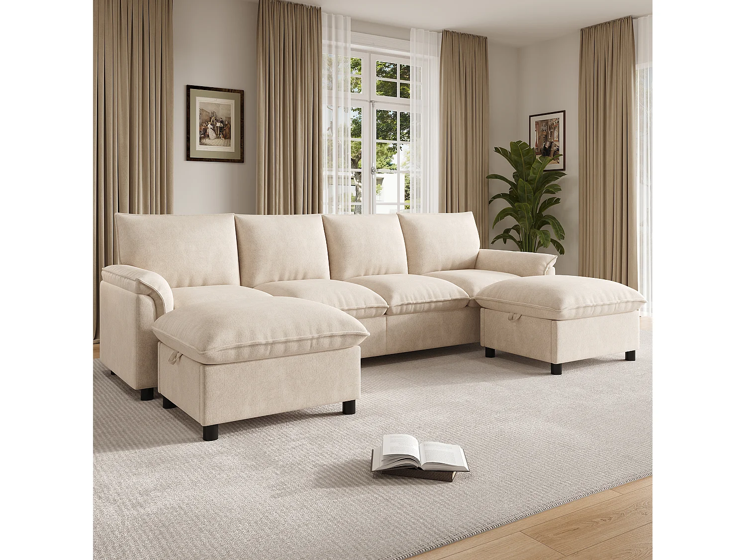 Canapé d'angle avec méridienne et pouf de rangement – Velours – 219 x 131 x 86 cm – Beige