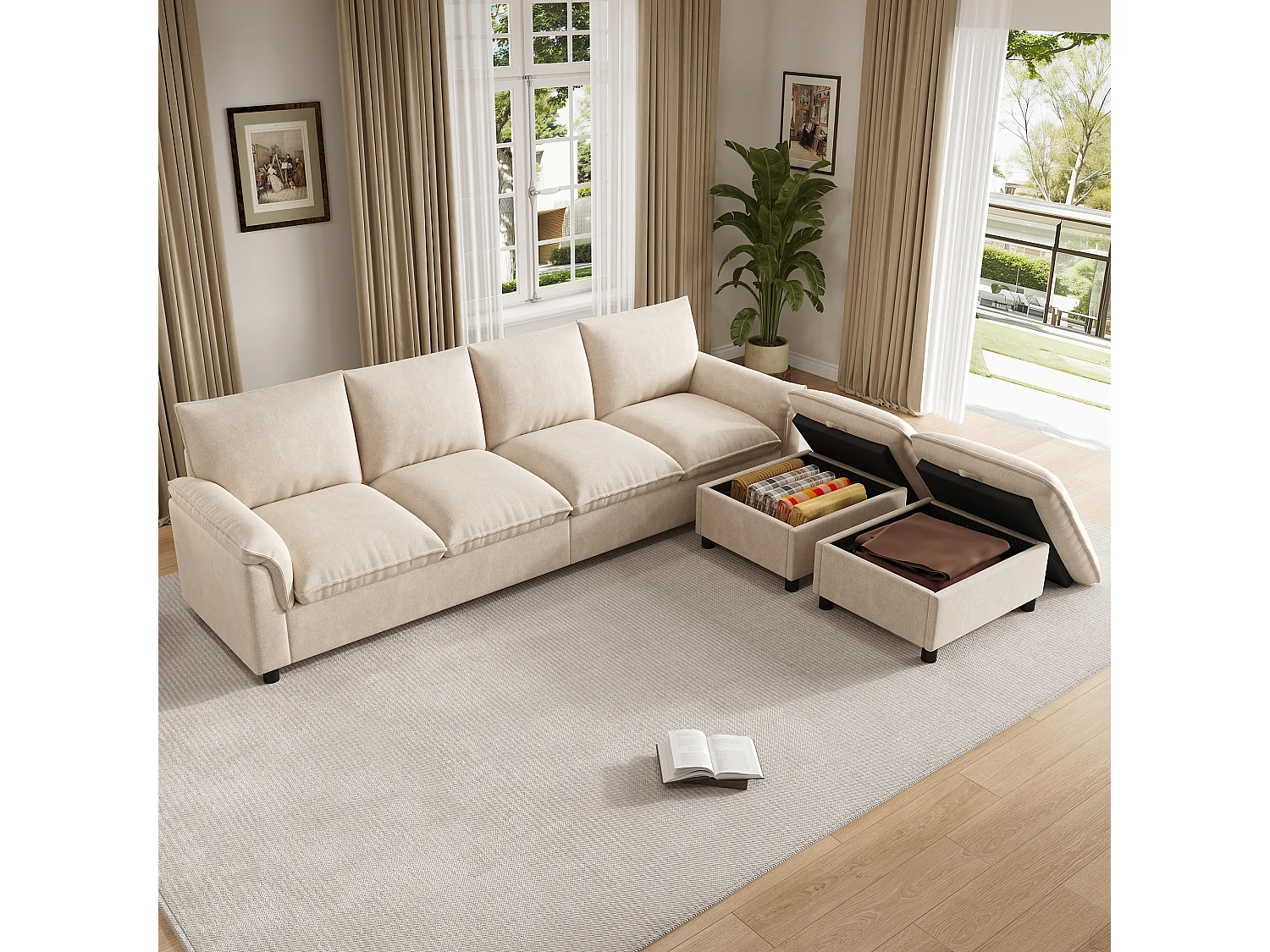 Canapé d'angle avec méridienne et pouf de rangement – Velours – 219 x 131 x 86 cm – Beige
