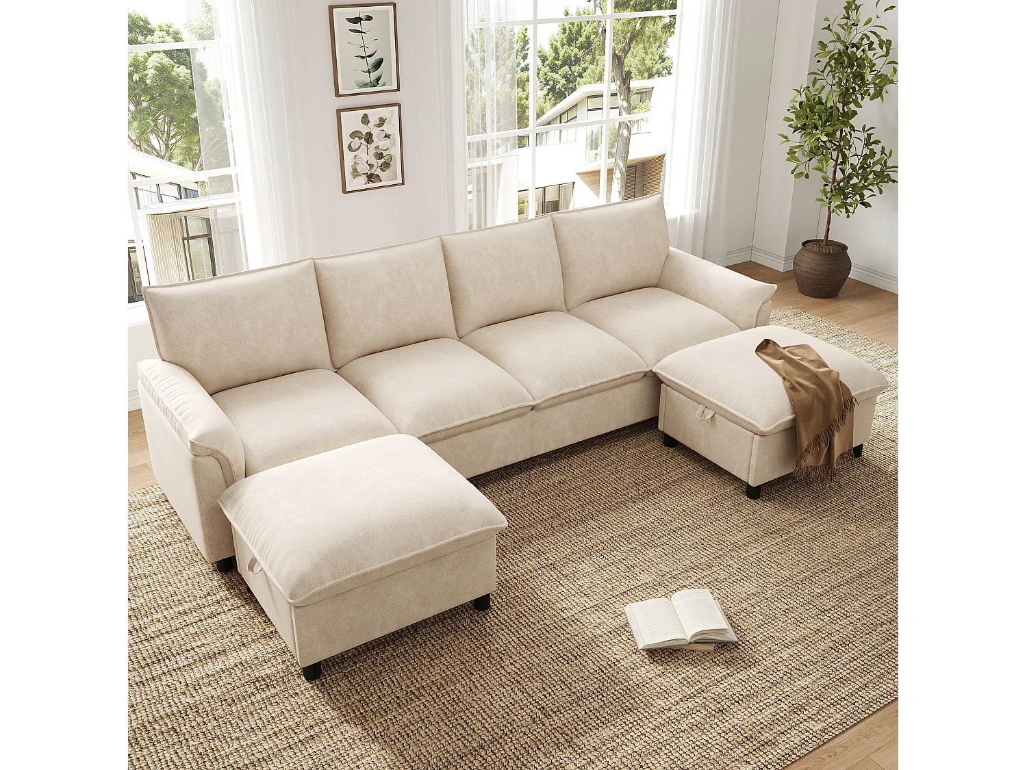 Canapé d'angle avec méridienne et pouf de rangement – Velours – 219 x 131 x 86 cm – Beige