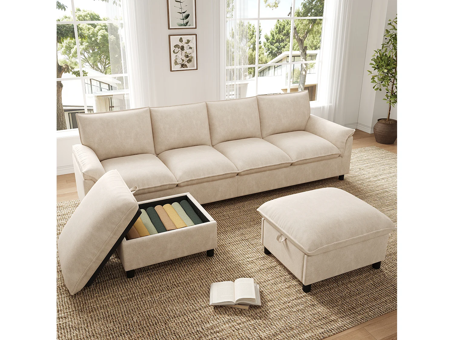 Canapé d'angle avec méridienne et pouf de rangement – Velours – 219 x 131 x 86 cm – Beige