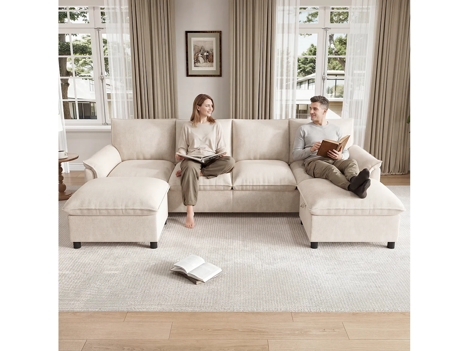 Canapé d'angle avec méridienne et pouf de rangement – Velours – 219 x 131 x 86 cm – Beige