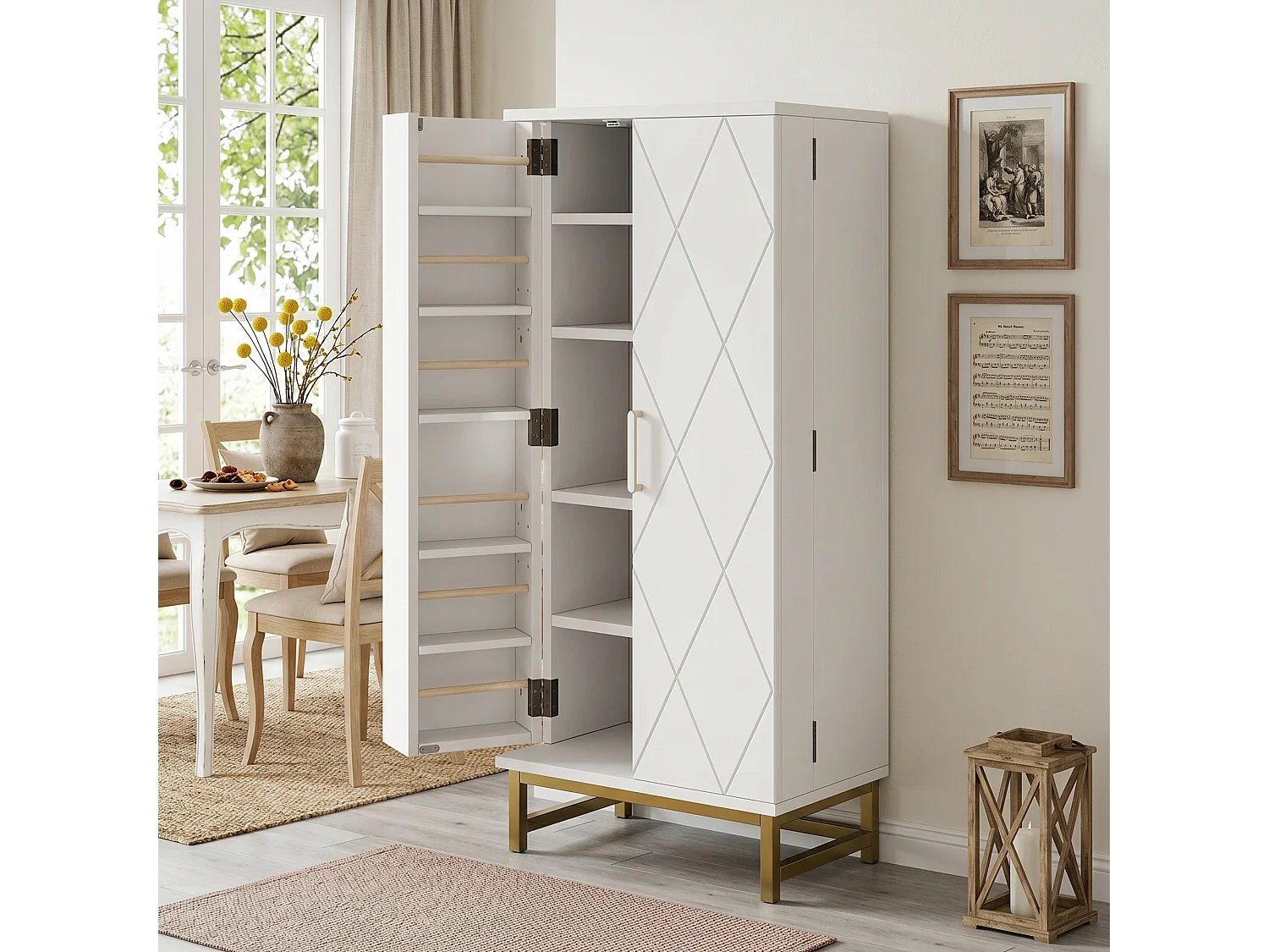 Buffet de cuisine compact avec étagères réglables et 2 portes - Panneaux de particules - 60 x 40 x 130 cm - Blanc et or