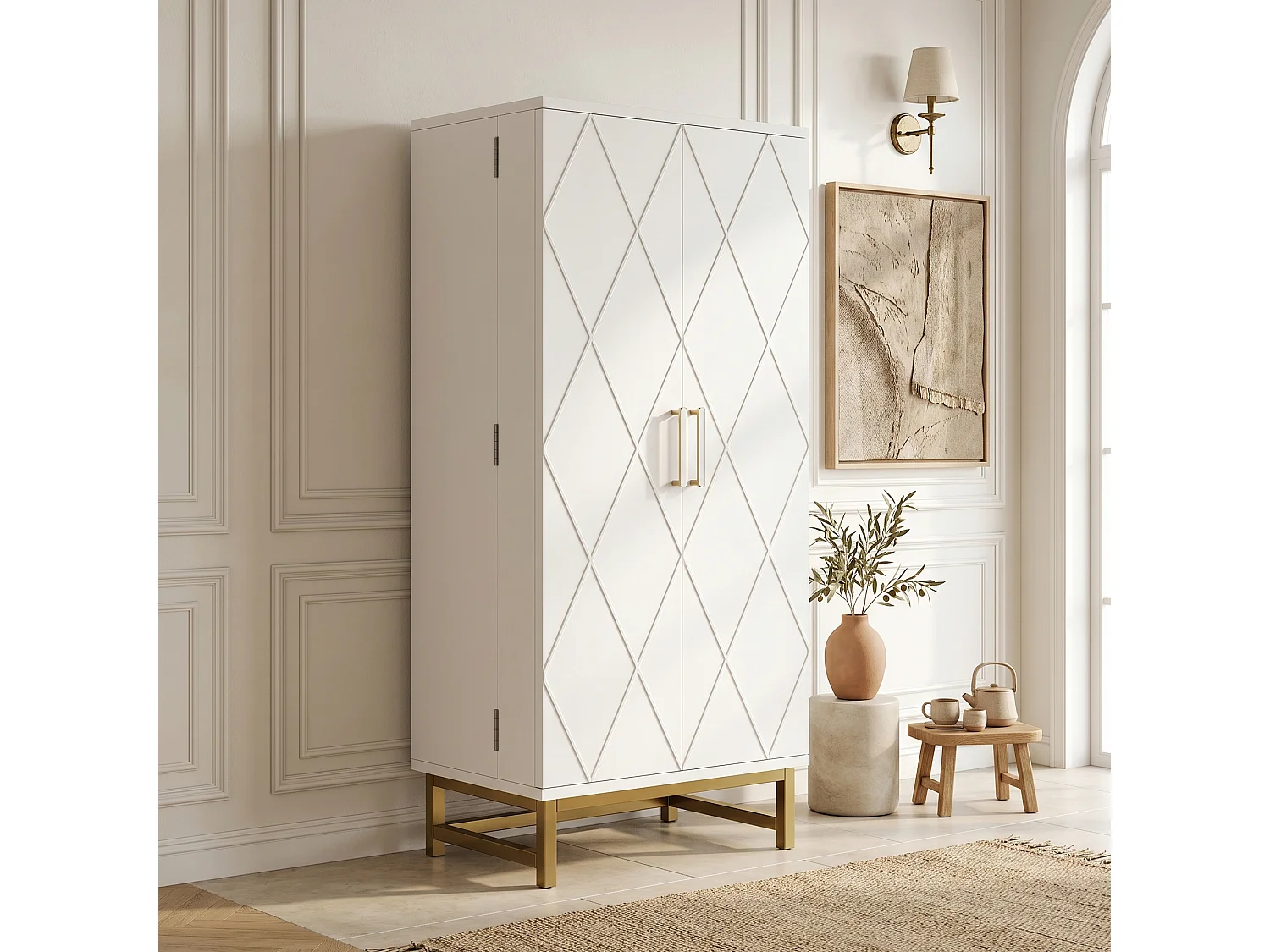 Buffet de cuisine compact avec étagères réglables et 2 portes - Panneaux de particules - 60 x 40 x 130 cm - Blanc et or