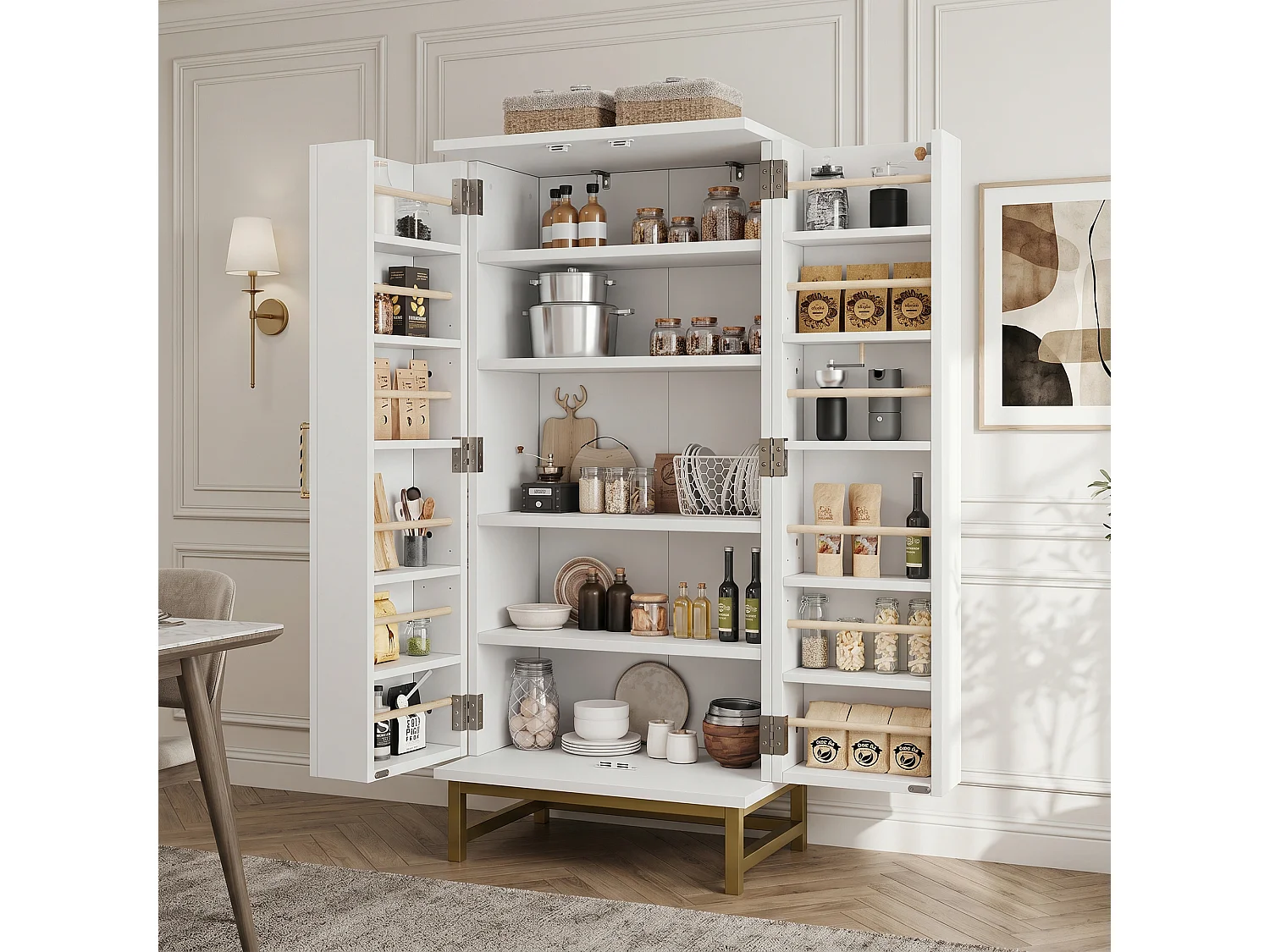 Buffet de cuisine compact avec étagères réglables et 2 portes - Panneaux de particules - 60 x 40 x 130 cm - Blanc et or