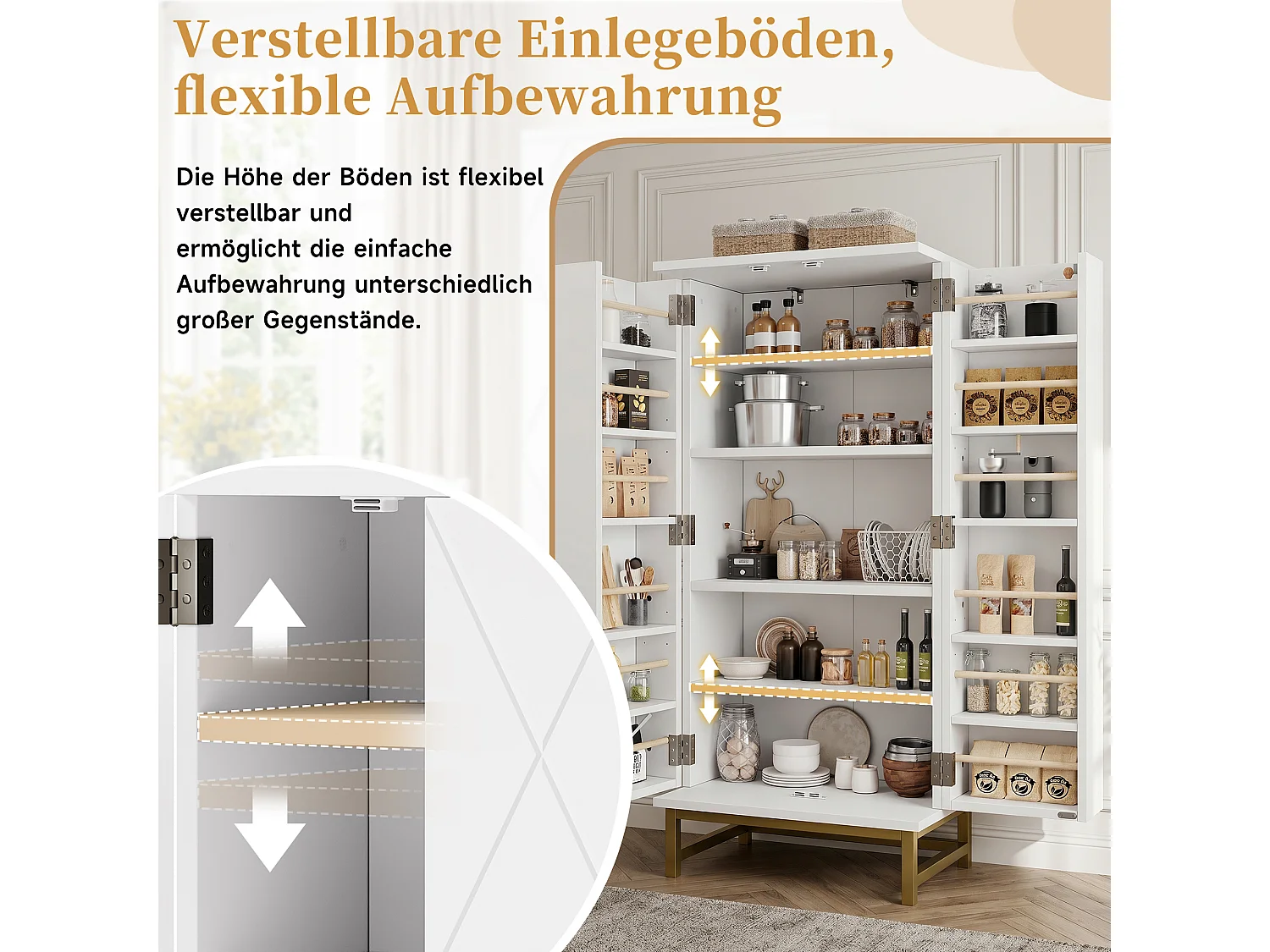 Buffet de cuisine compact avec étagères réglables et 2 portes - Panneaux de particules - 60 x 40 x 130 cm - Blanc et or