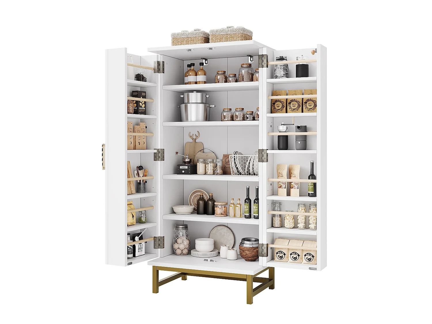 Buffet de cuisine compact avec étagères réglables et 2 portes - Panneaux de particules - 60 x 40 x 130 cm - Blanc et or