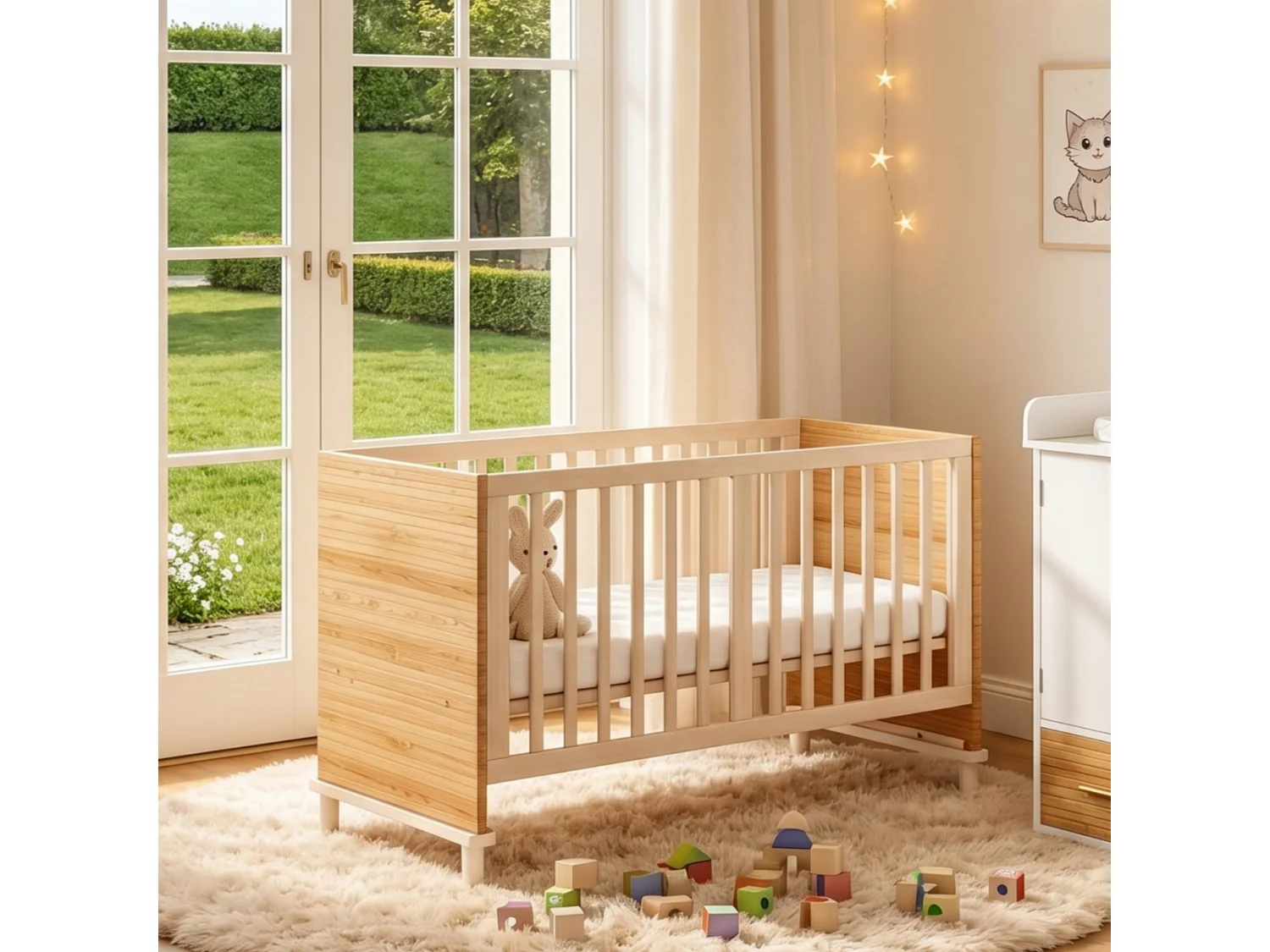 Lit bébé évolutif 70 x 140 cm réglable 5 hauteurs avec pieds de soutien renforcés – Bois massif/MDF – Naturel (Sans matelas)