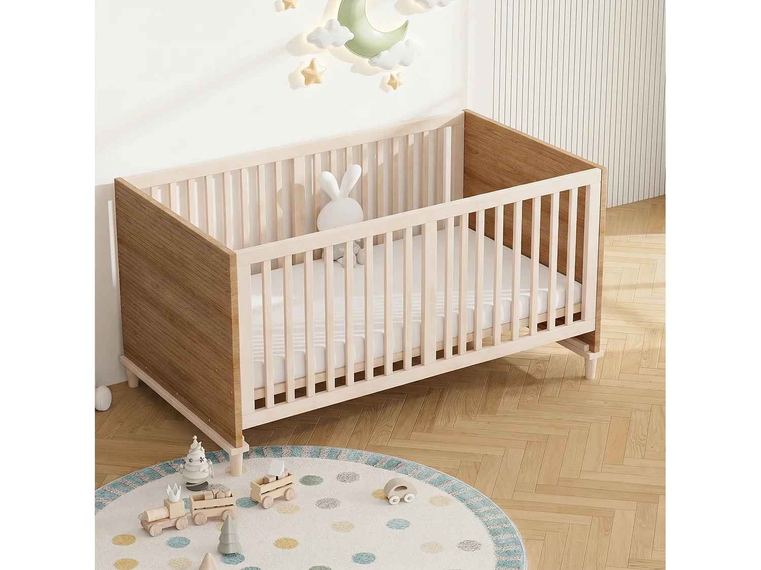 Lit bébé évolutif 70 x 140 cm réglable 5 hauteurs avec pieds de soutien renforcés – Bois massif/MDF – Naturel (Sans matelas)