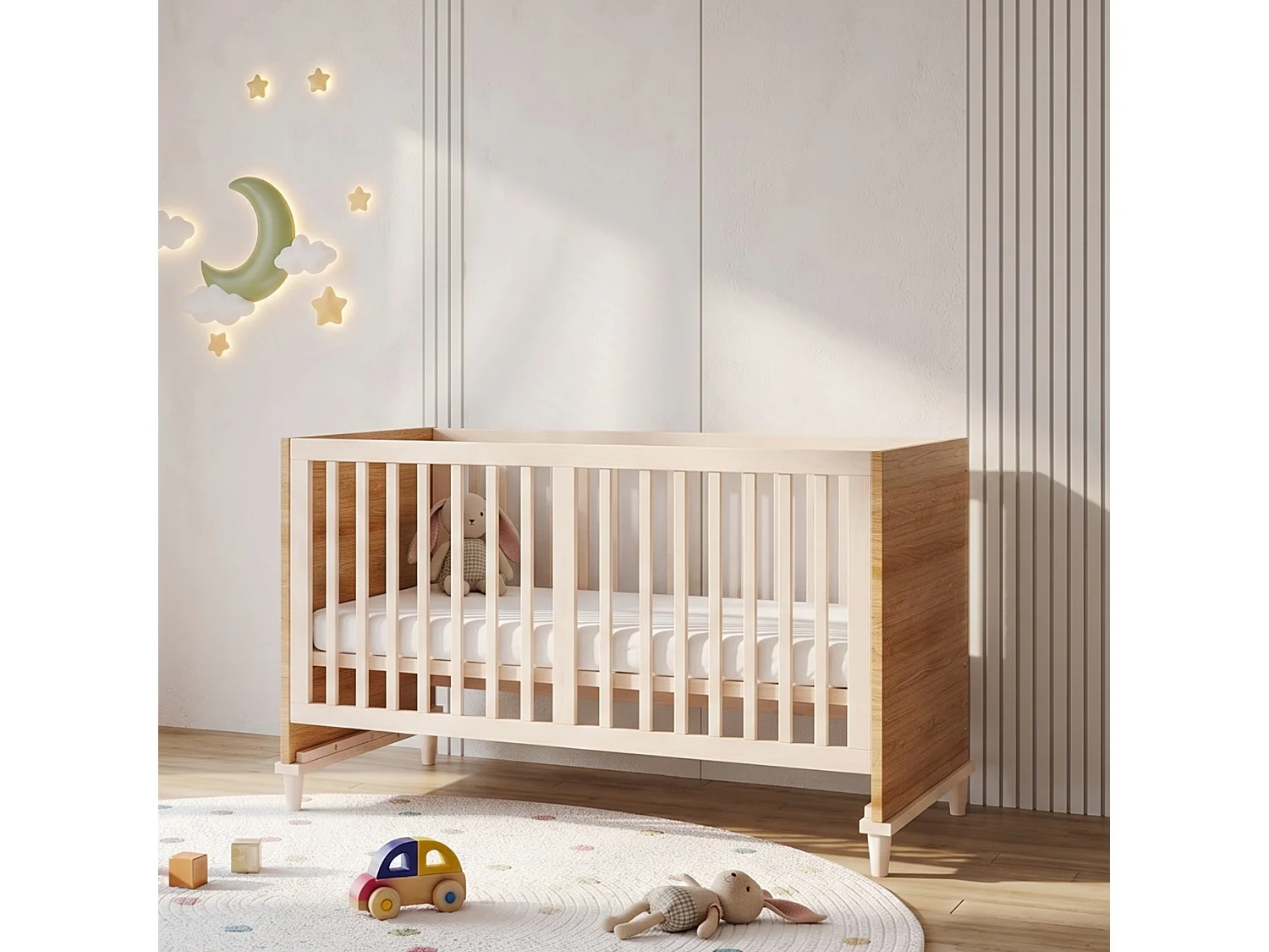 Lit bébé évolutif 70 x 140 cm réglable 5 hauteurs avec pieds de soutien renforcés – Bois massif/MDF – Naturel (Sans matelas)