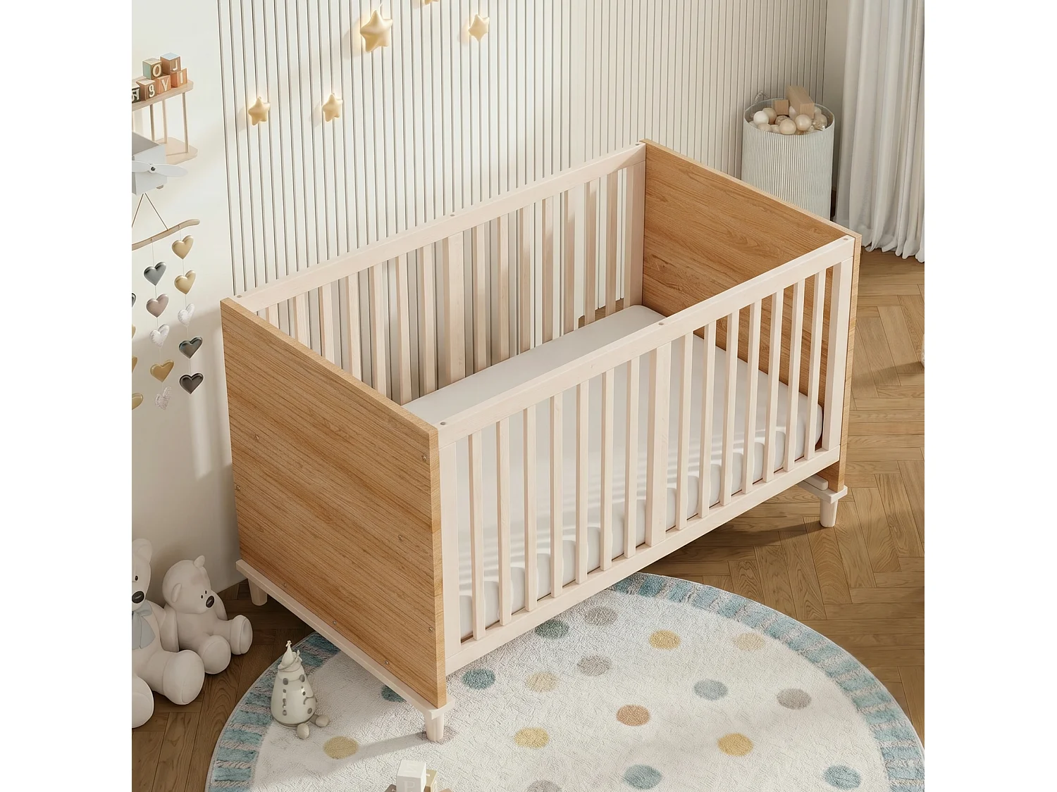 Lit bébé évolutif 70 x 140 cm réglable 5 hauteurs avec pieds de soutien renforcés – Bois massif/MDF – Naturel (Sans matelas)