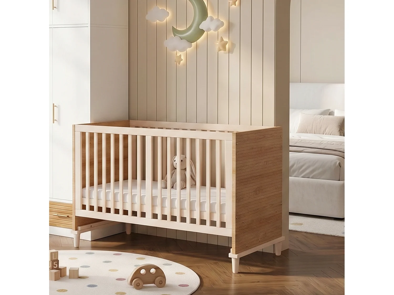 Lit bébé évolutif 70 x 140 cm réglable 5 hauteurs avec pieds de soutien renforcés – Bois massif/MDF – Naturel (Sans matelas)