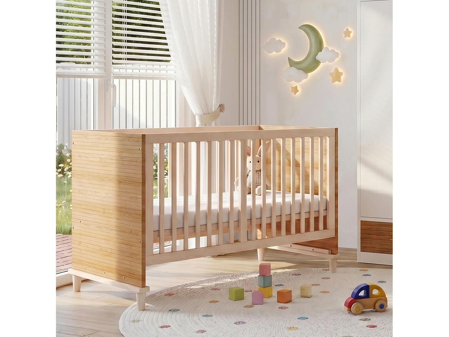 Lit bébé évolutif 70 x 140 cm réglable 5 hauteurs avec pieds de soutien renforcés – Bois massif/MDF – Naturel (Sans matelas)
