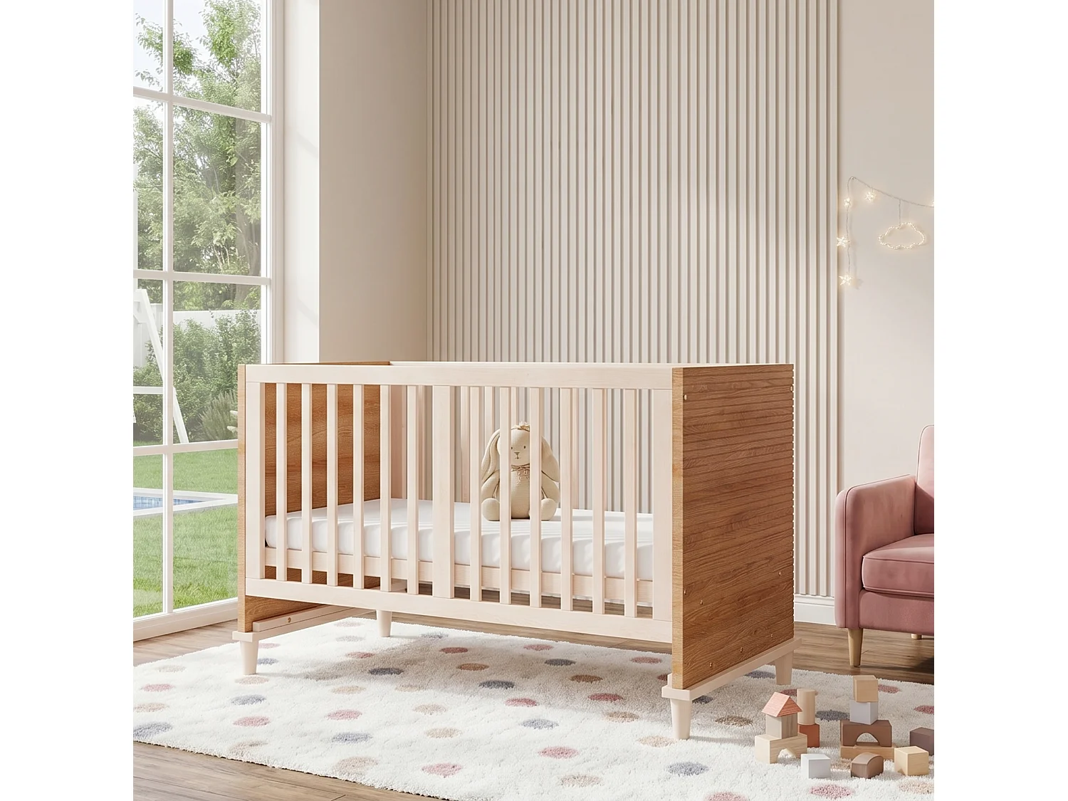 Lit bébé évolutif 70 x 140 cm réglable 5 hauteurs avec pieds de soutien renforcés – Bois massif/MDF – Naturel (Sans matelas)