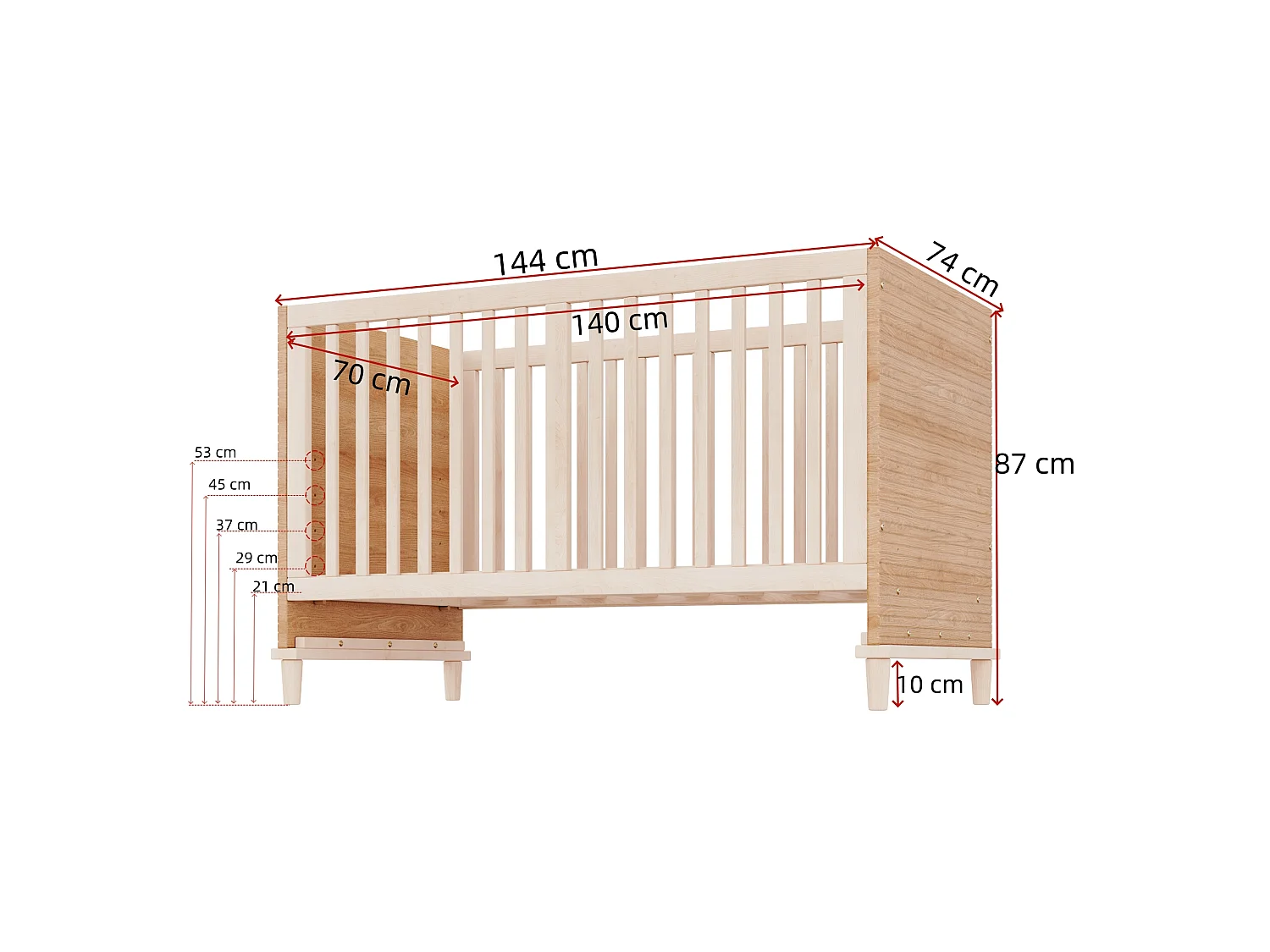 Lit bébé évolutif 70 x 140 cm réglable 5 hauteurs avec pieds de soutien renforcés – Bois massif/MDF – Naturel (Sans matelas)