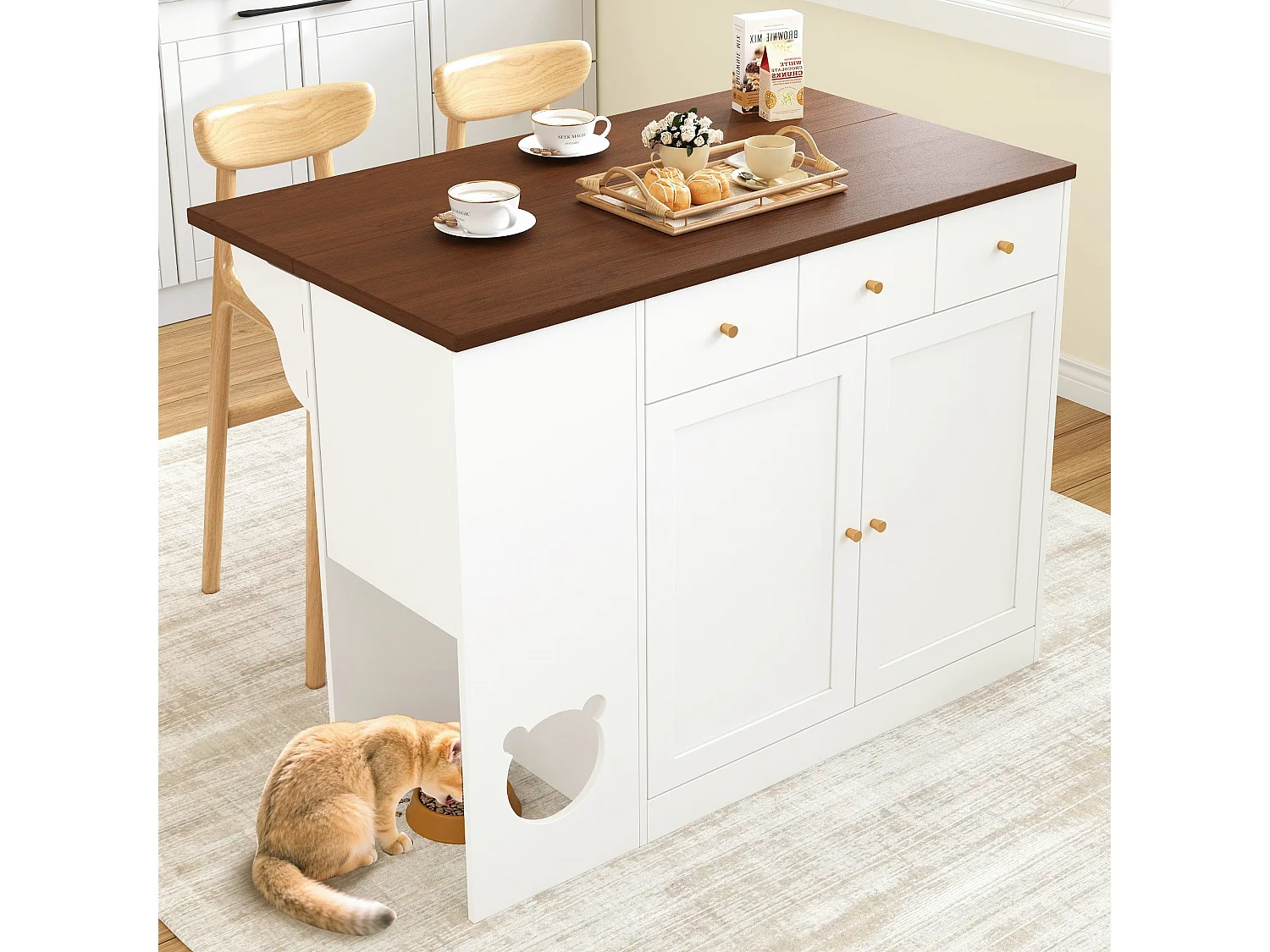 Keukeneiland met 3 deuren en 3 lades - 120x(40+30)x90 cm - MDF - Uitschuifbaar blad en ruimte voor huisdieren - Wit + walnoot