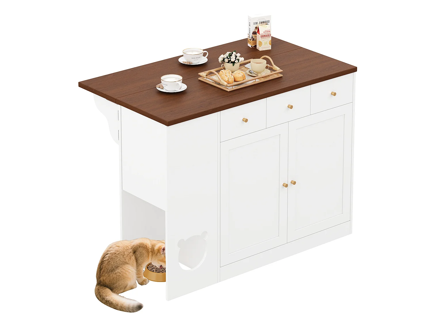 Keukeneiland met 3 deuren en 3 lades - 120x(40+30)x90 cm - MDF - Uitschuifbaar blad en ruimte voor huisdieren - Wit + walnoot