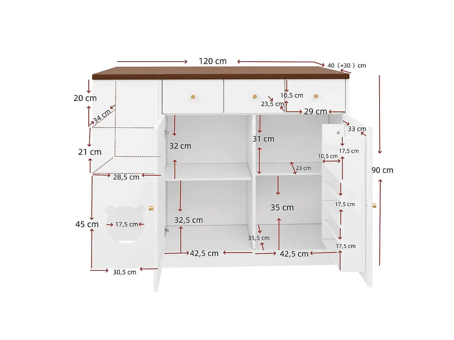 Keukeneiland met 3 deuren en 3 lades - 120x(40+30)x90 cm - MDF - Uitschuifbaar blad en ruimte voor huisdieren - Wit + walnoot