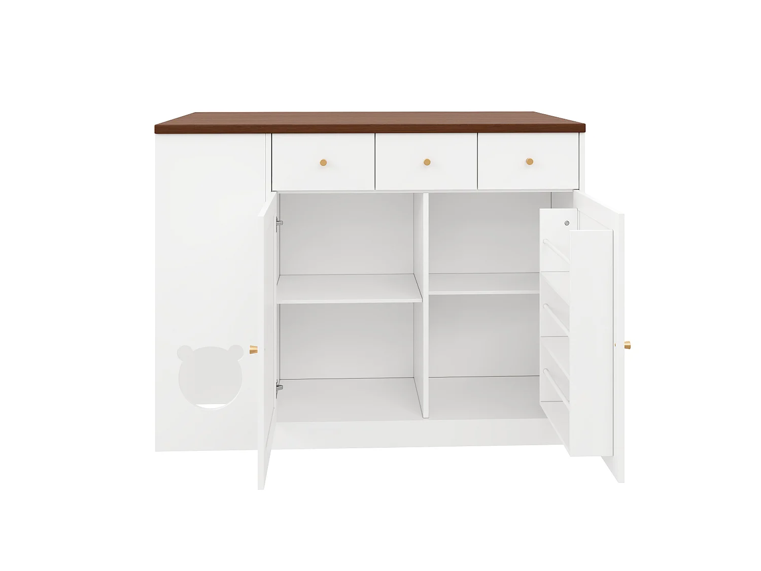Keukeneiland met 3 deuren en 3 lades - 120x(40+30)x90 cm - MDF - Uitschuifbaar blad en ruimte voor huisdieren - Wit + walnoot