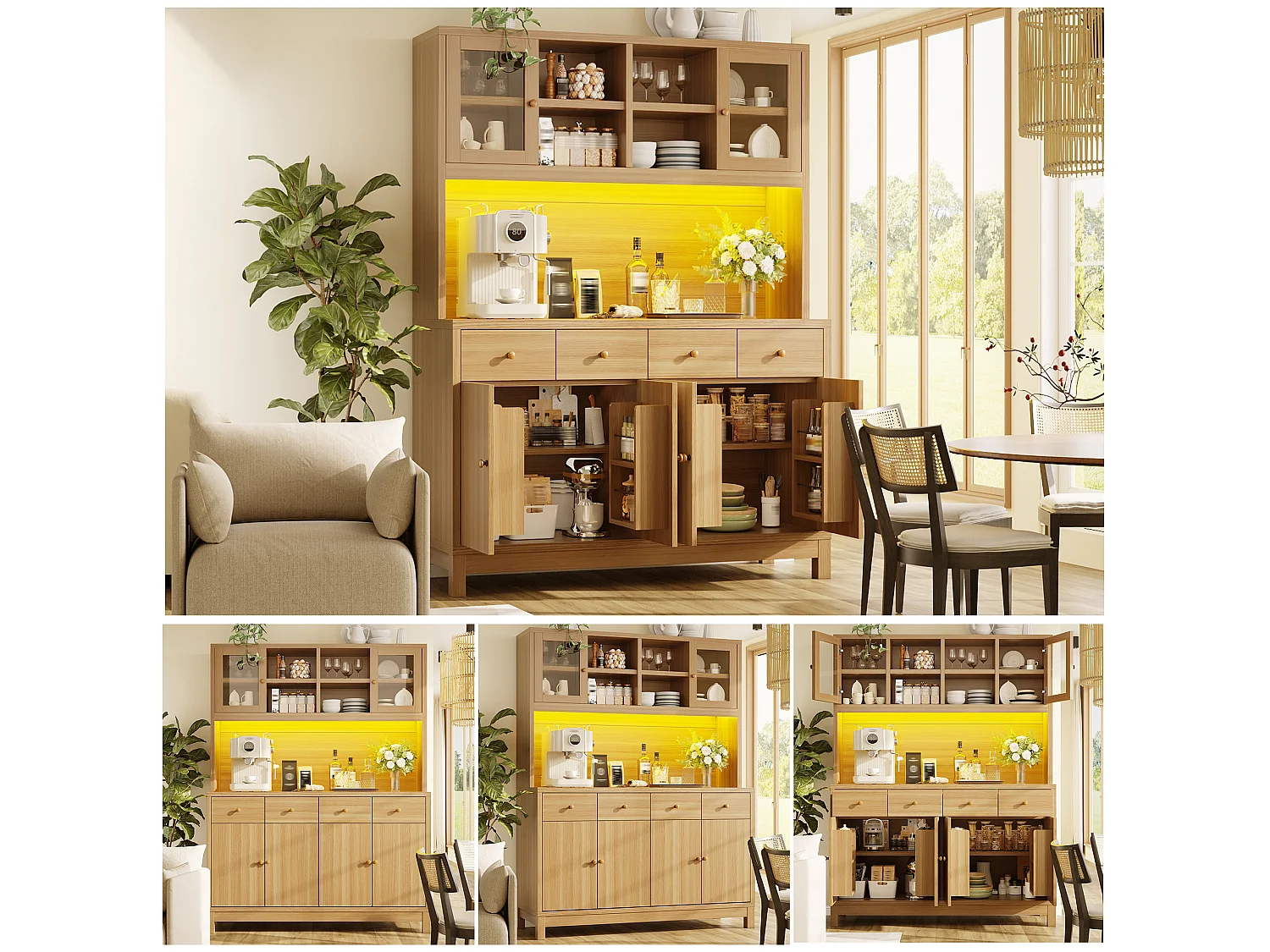 Kitchen sideboard with RGB LED lighting, 6 doors, 4 drawers and compartments - MDF/glass - 140 x 38.5 x 180 cm - Natural wood