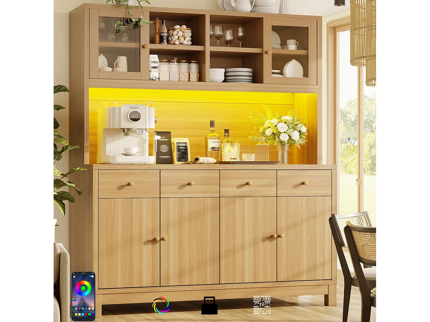Kitchen sideboard with RGB LED lighting, 6 doors, 4 drawers and compartments - MDF/glass - 140 x 38.5 x 180 cm - Natural wood