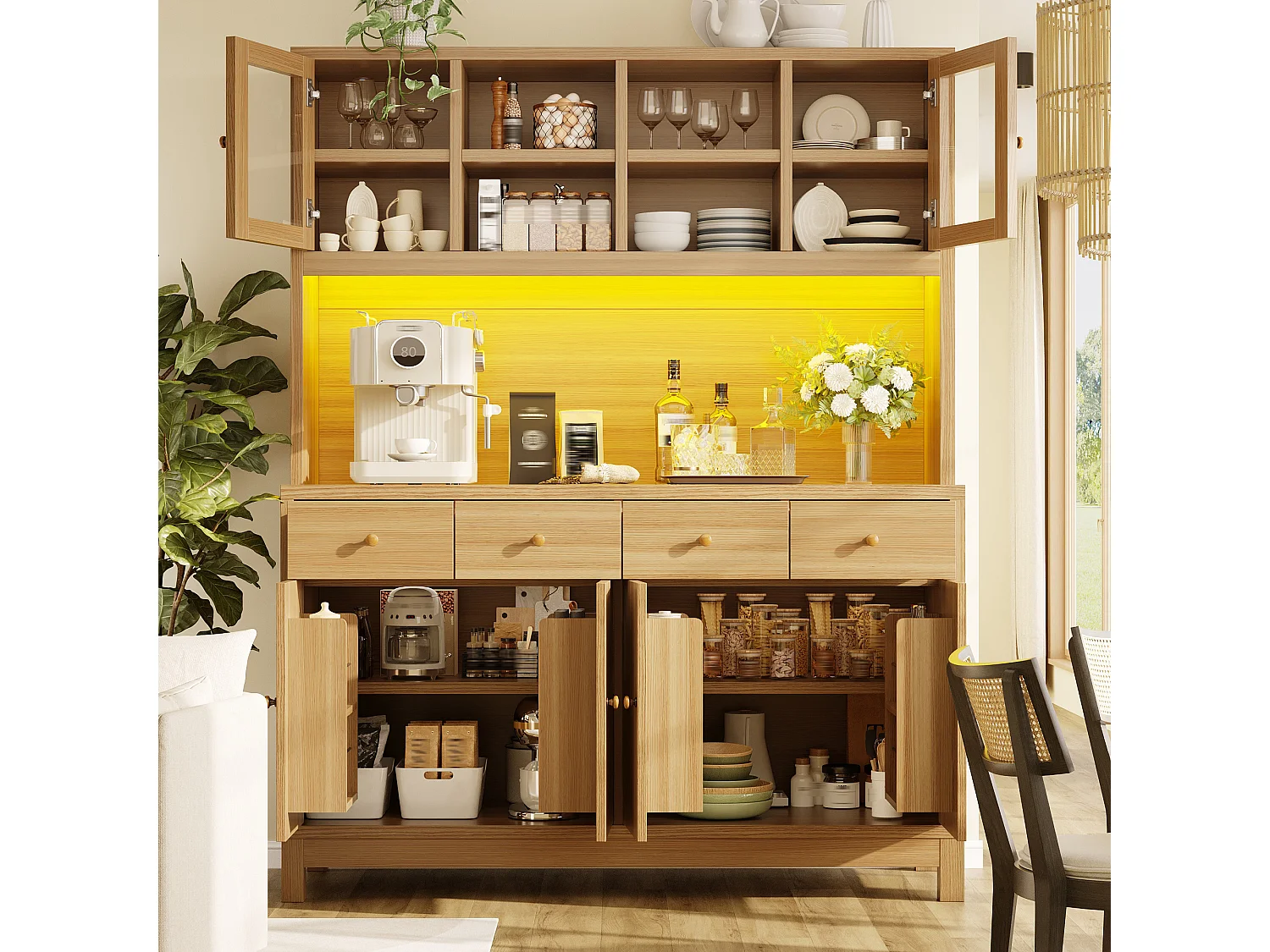 Kitchen sideboard with RGB LED lighting, 6 doors, 4 drawers and compartments - MDF/glass - 140 x 38.5 x 180 cm - Natural wood