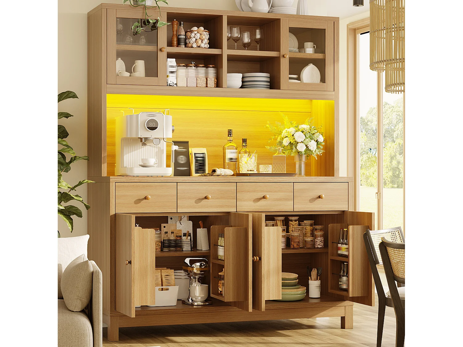 Kitchen sideboard with RGB LED lighting, 6 doors, 4 drawers and compartments - MDF/glass - 140 x 38.5 x 180 cm - Natural wood