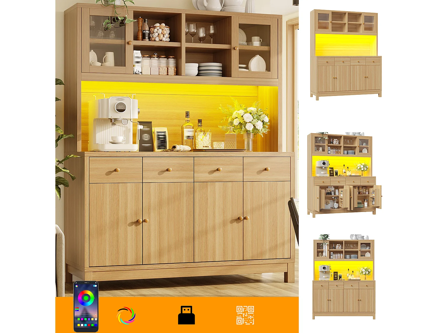 Kitchen sideboard with RGB LED lighting, 6 doors, 4 drawers and compartments - MDF/glass - 140 x 38.5 x 180 cm - Natural wood