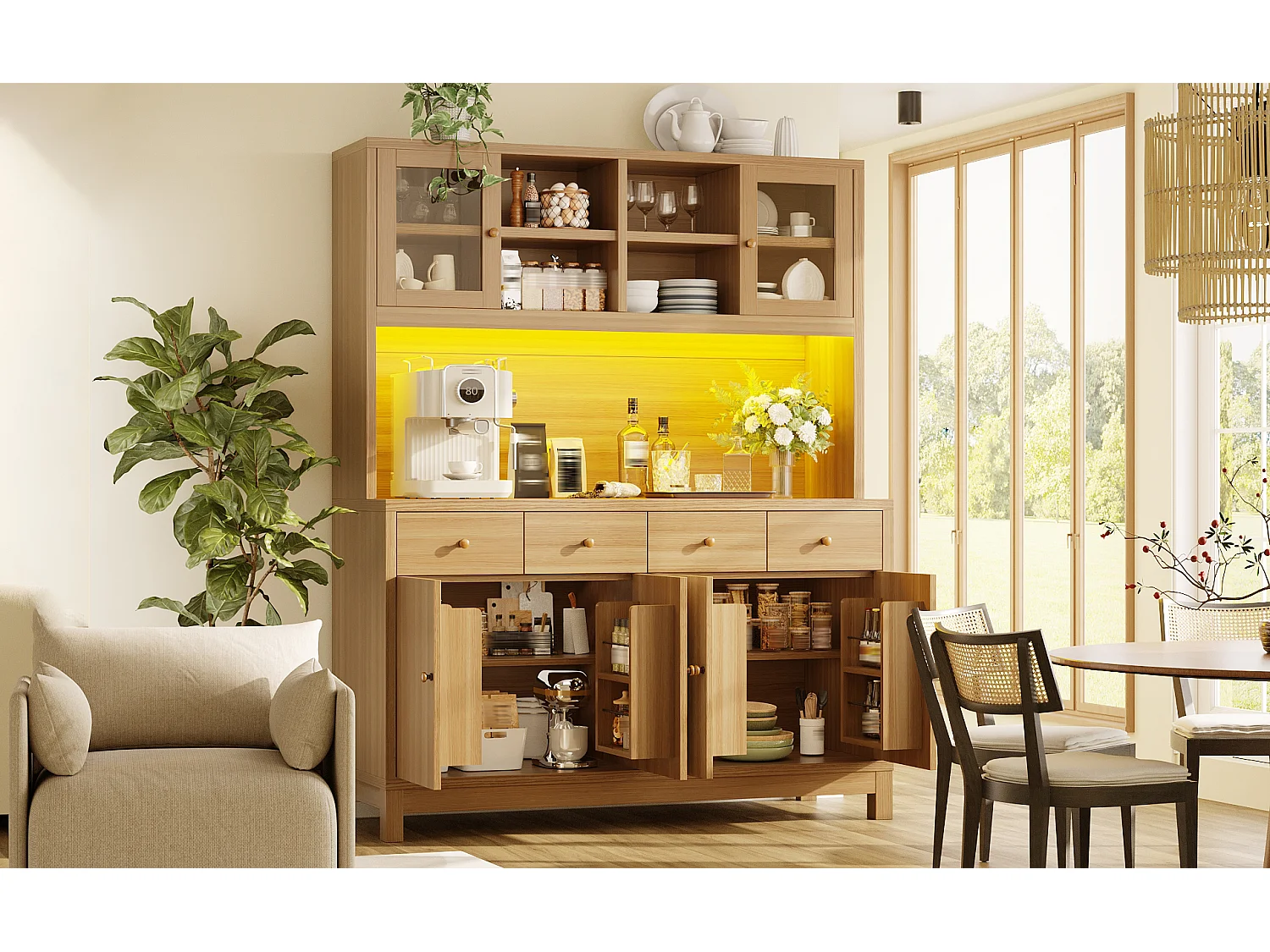 Kitchen sideboard with RGB LED lighting, 6 doors, 4 drawers and compartments - MDF/glass - 140 x 38.5 x 180 cm - Natural wood