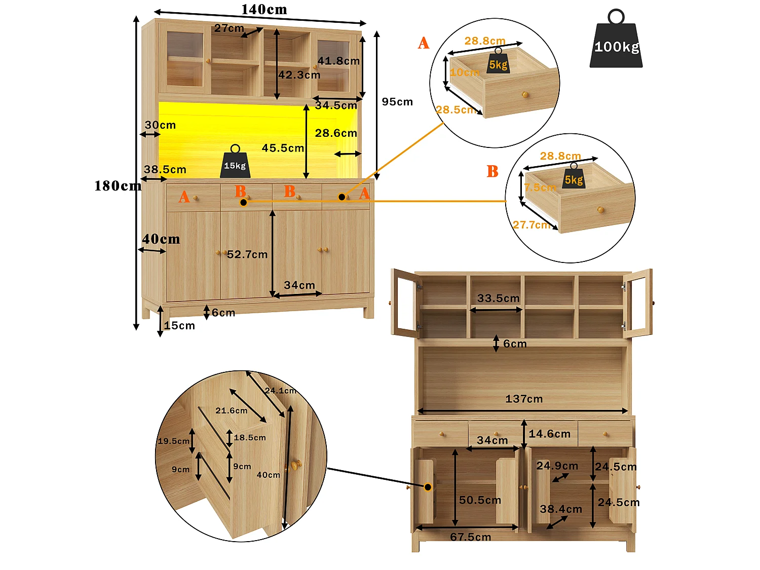 Kitchen sideboard with RGB LED lighting, 6 doors, 4 drawers and compartments - MDF/glass - 140 x 38.5 x 180 cm - Natural wood