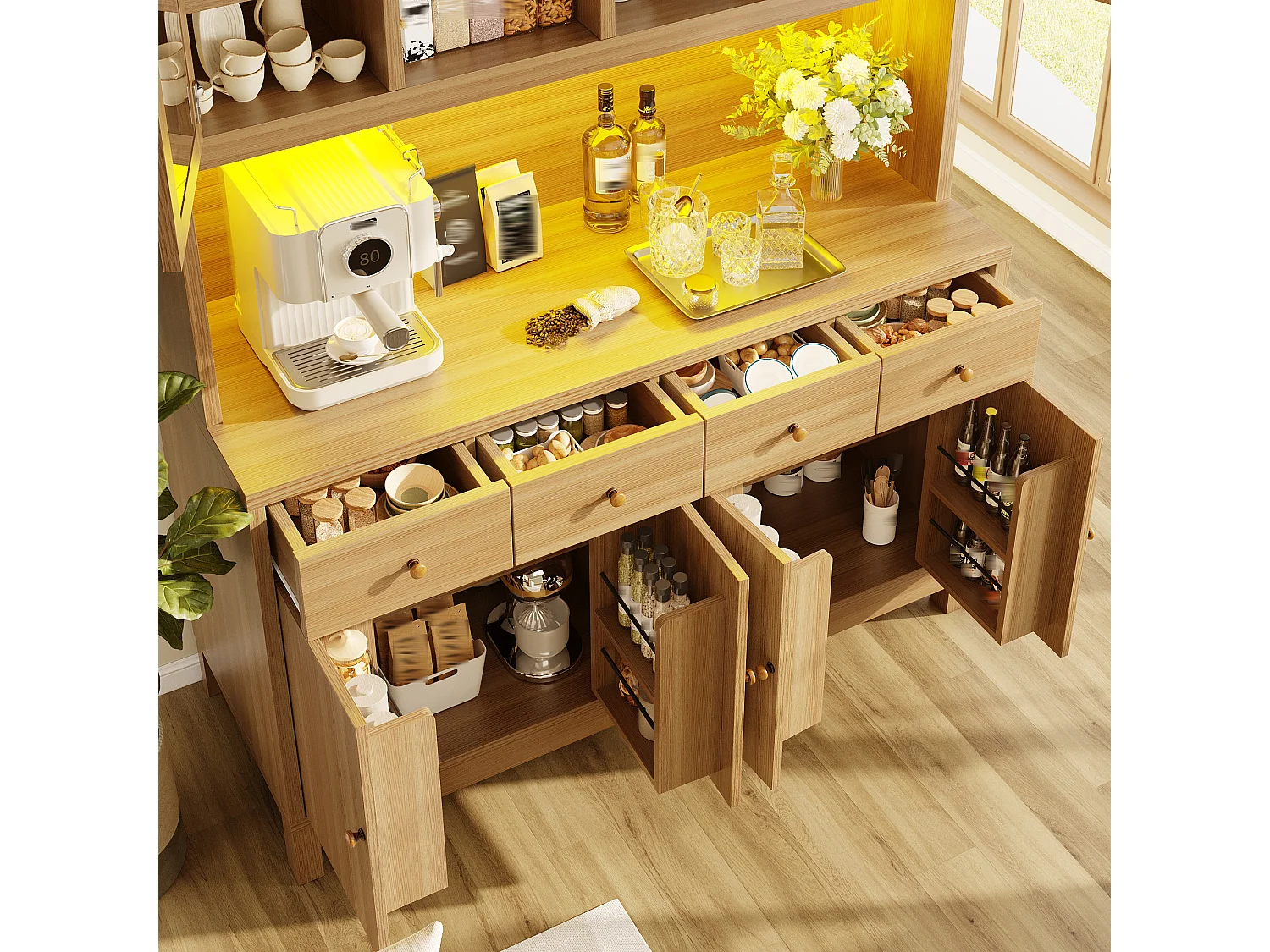 Kitchen sideboard with RGB LED lighting, 6 doors, 4 drawers and compartments - MDF/glass - 140 x 38.5 x 180 cm - Natural wood