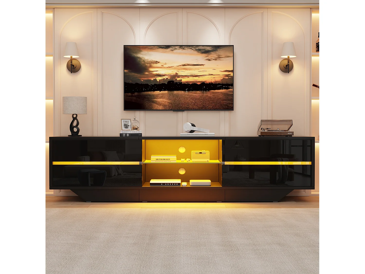 Mobile porta TV con illuminazione LED RGB e 2 ante - Truciolato - 160 x 35 x 44,5 cm - Nero lucido