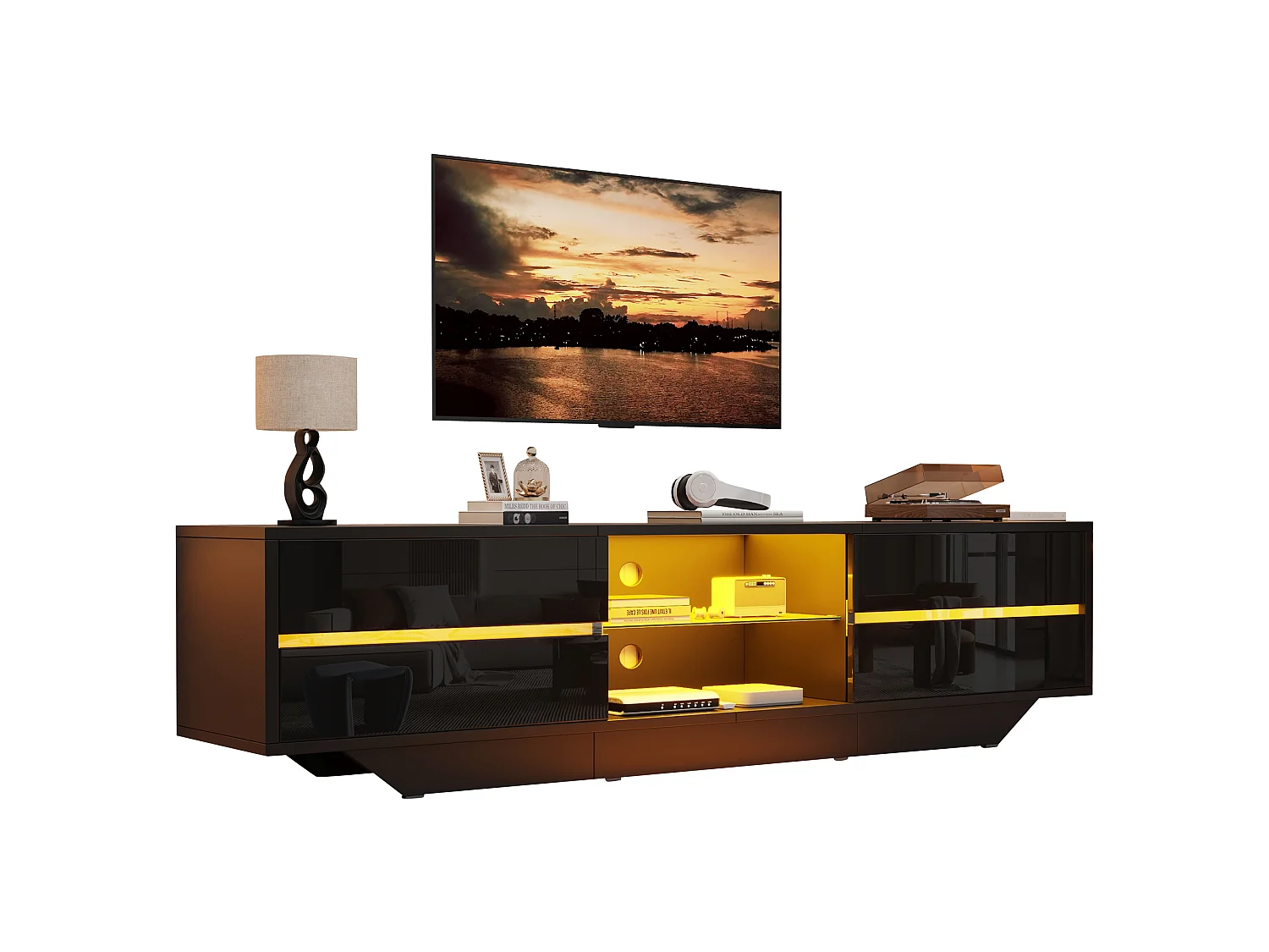Mobile porta TV con illuminazione LED RGB e 2 ante - Truciolato - 160 x 35 x 44,5 cm - Nero lucido