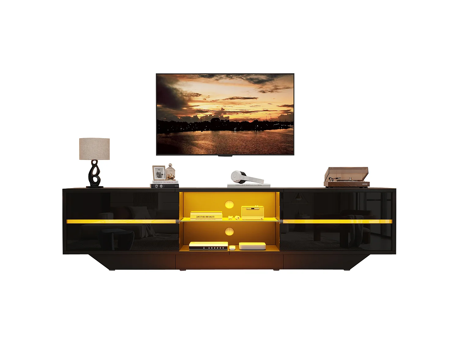 Mobile porta TV con illuminazione LED RGB e 2 ante - Truciolato - 160 x 35 x 44,5 cm - Nero lucido