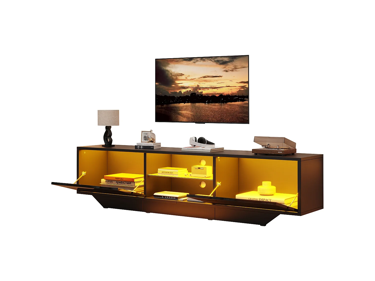 Mobile porta TV con illuminazione LED RGB e 2 ante - Truciolato - 160 x 35 x 44,5 cm - Nero lucido