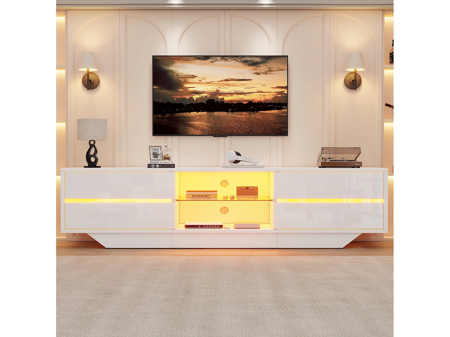 Mobile porta TV con illuminazione LED RGB e 2 ante - Truciolato - 160 x 35 x 44,5 cm - Bianco lucido
