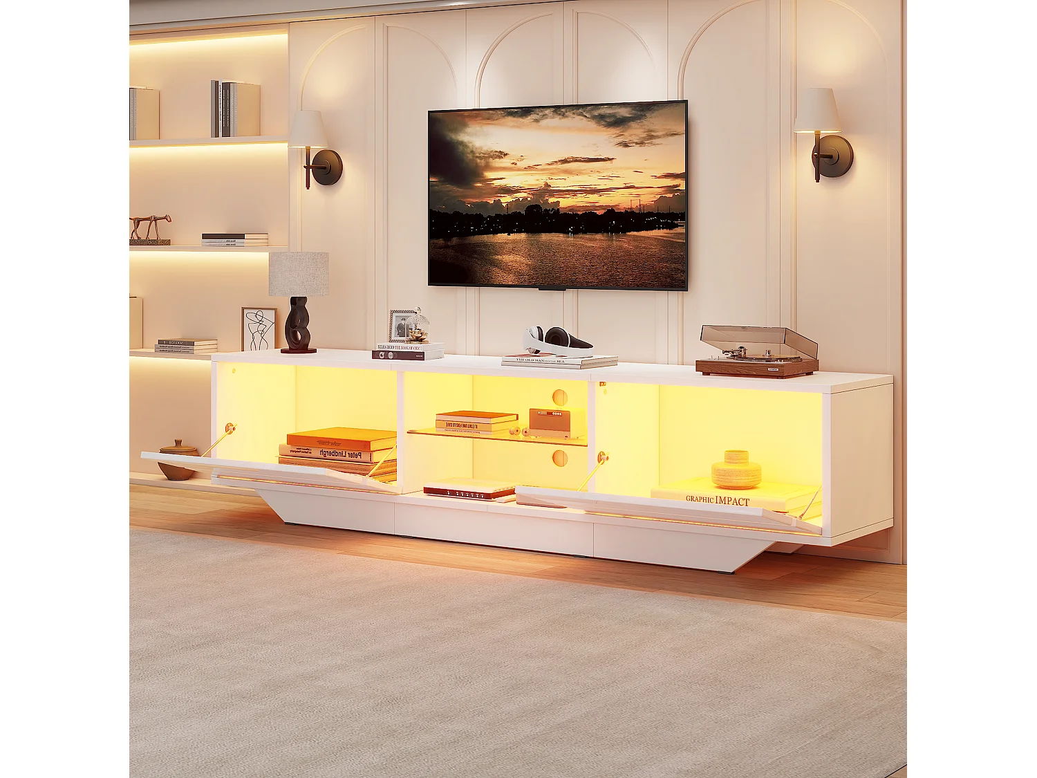 Mobile porta TV con illuminazione LED RGB e 2 ante - Truciolato - 160 x 35 x 44,5 cm - Bianco lucido