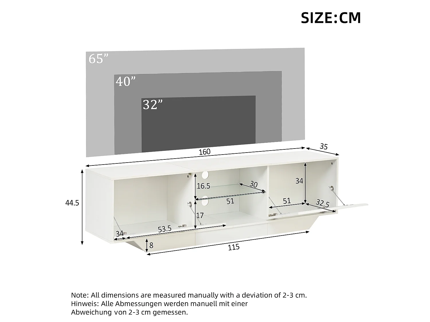 Mobile porta TV con illuminazione LED RGB e 2 ante - Truciolato - 160 x 35 x 44,5 cm - Bianco lucido