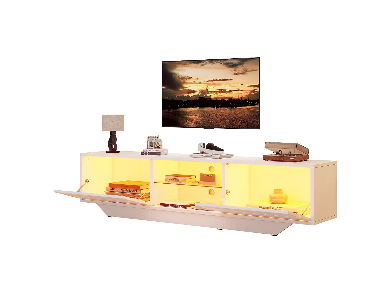 Mobile porta TV con illuminazione LED RGB e 2 ante - Truciolato - 160 x 35 x 44,5 cm - Bianco lucido