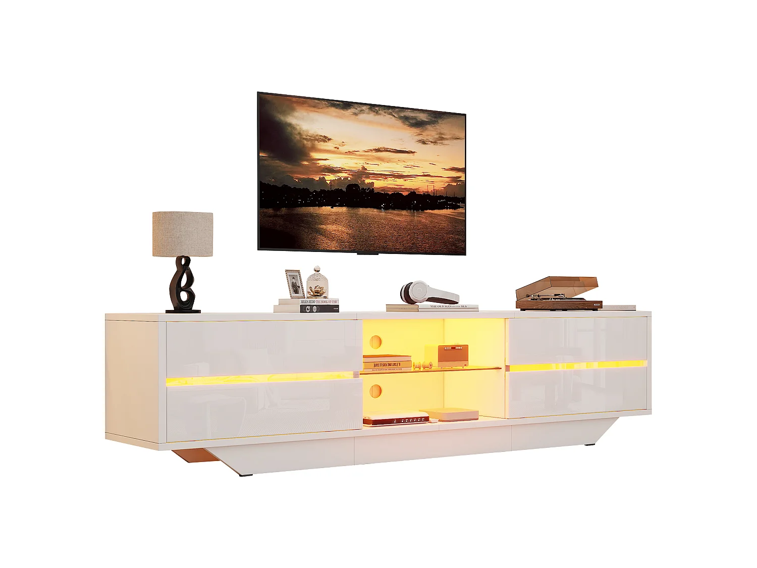 Mobile porta TV con illuminazione LED RGB e 2 ante - Truciolato - 160 x 35 x 44,5 cm - Bianco lucido