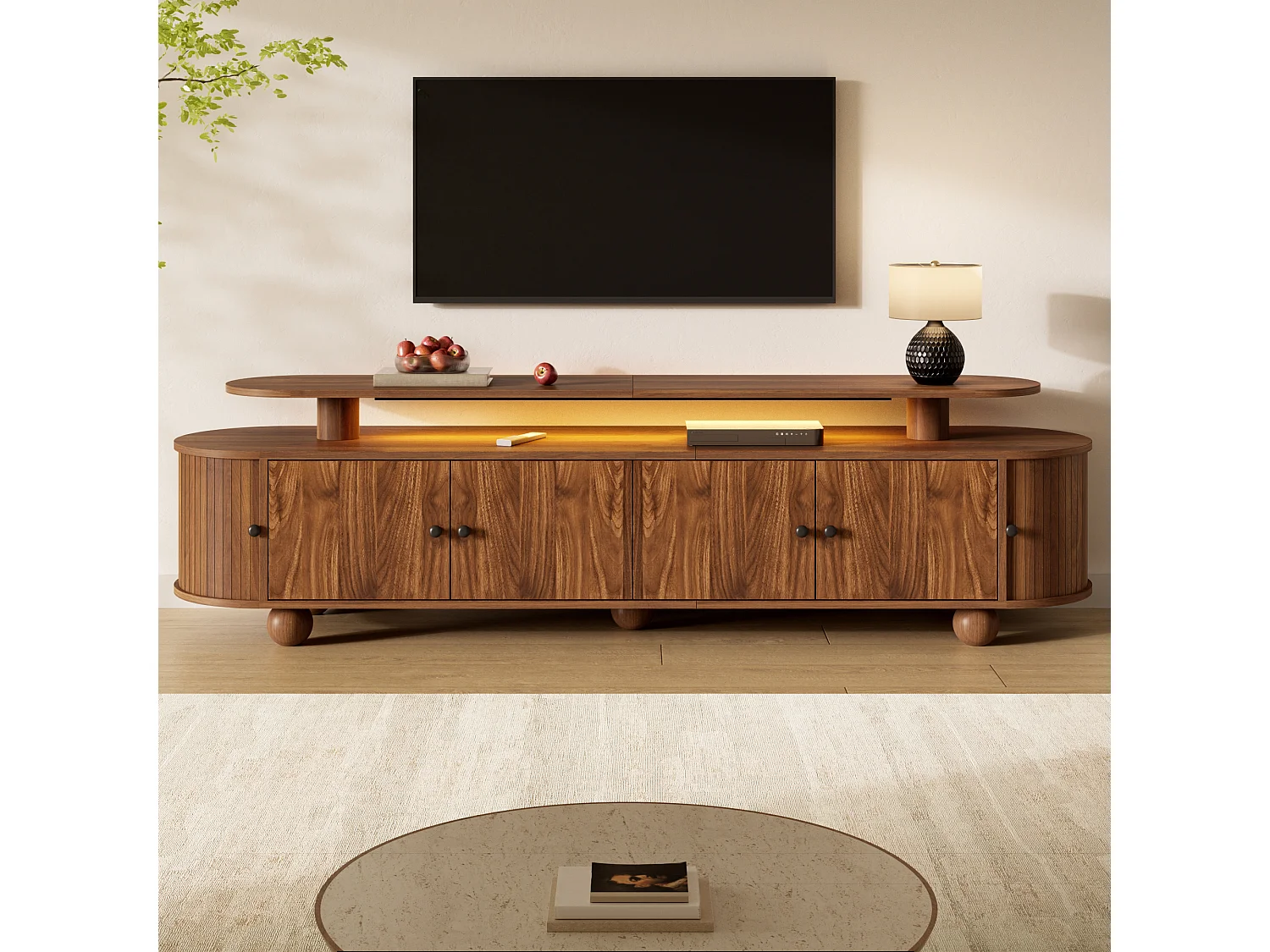 Mobile TV basso da 180 cm con 6 ante e illuminazione ambientale a LED - MDF - 180 x 40 x 48 cm - Noce
