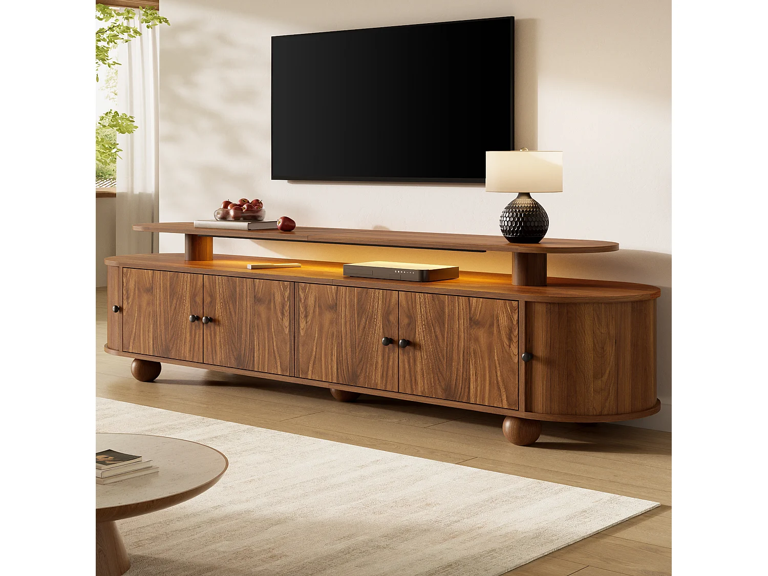 Mobile TV basso da 180 cm con 6 ante e illuminazione ambientale a LED - MDF - 180 x 40 x 48 cm - Noce