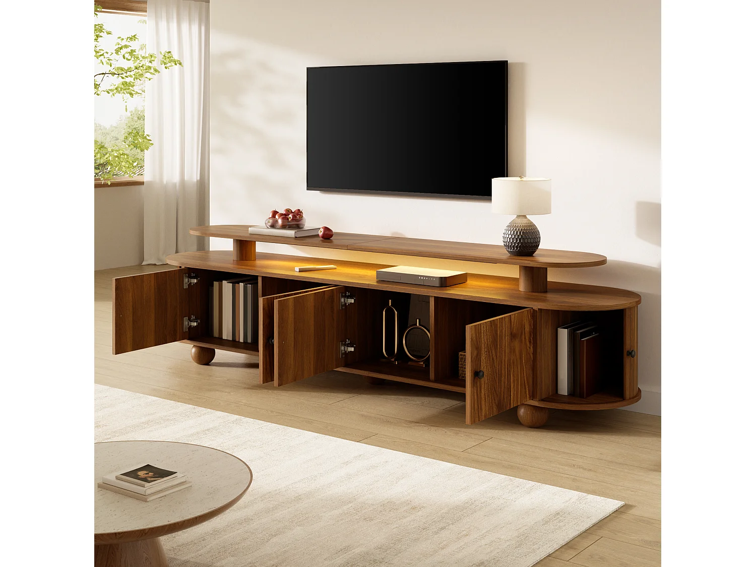 Mobile TV basso da 180 cm con 6 ante e illuminazione ambientale a LED - MDF - 180 x 40 x 48 cm - Noce