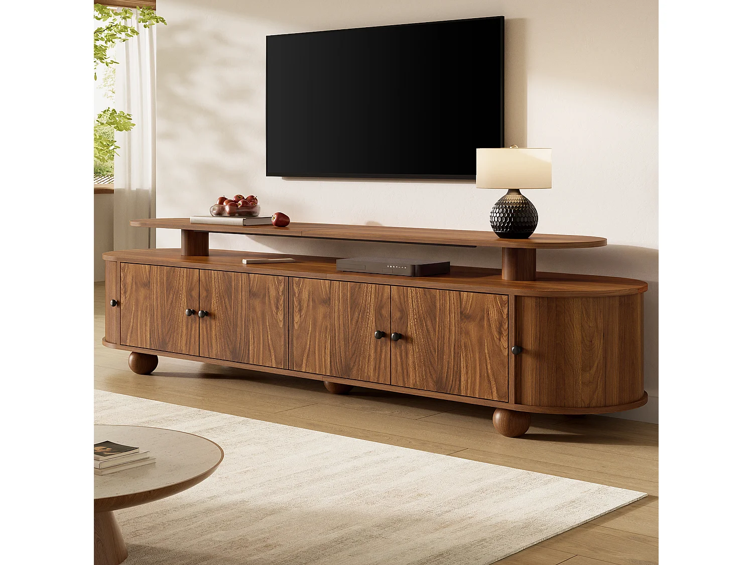 Mobile TV basso da 180 cm con 6 ante e illuminazione ambientale a LED - MDF - 180 x 40 x 48 cm - Noce
